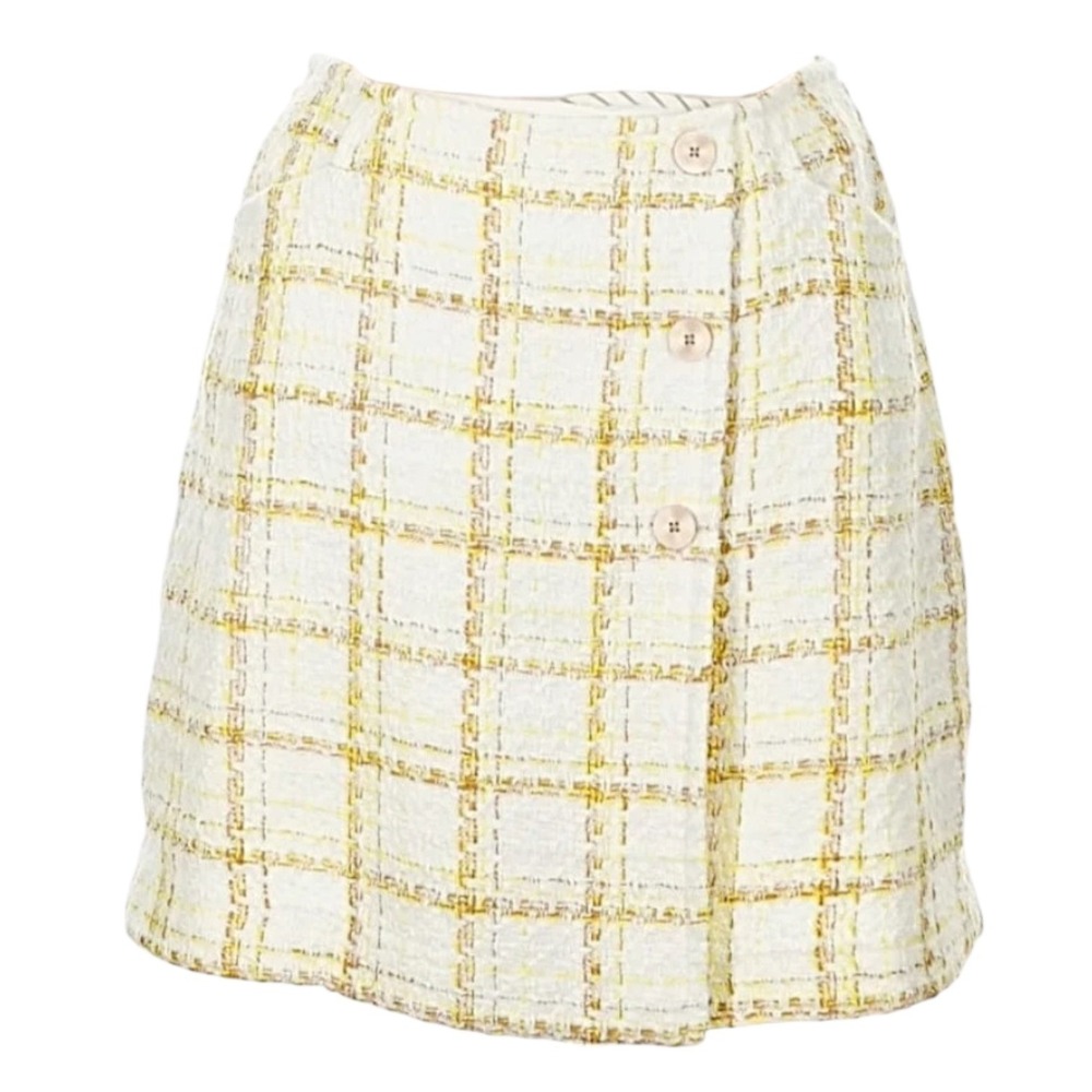 Cabi 6362 Women Cream Yellow Plaid Tweed Faux Wrap Mini Skirt Size 10